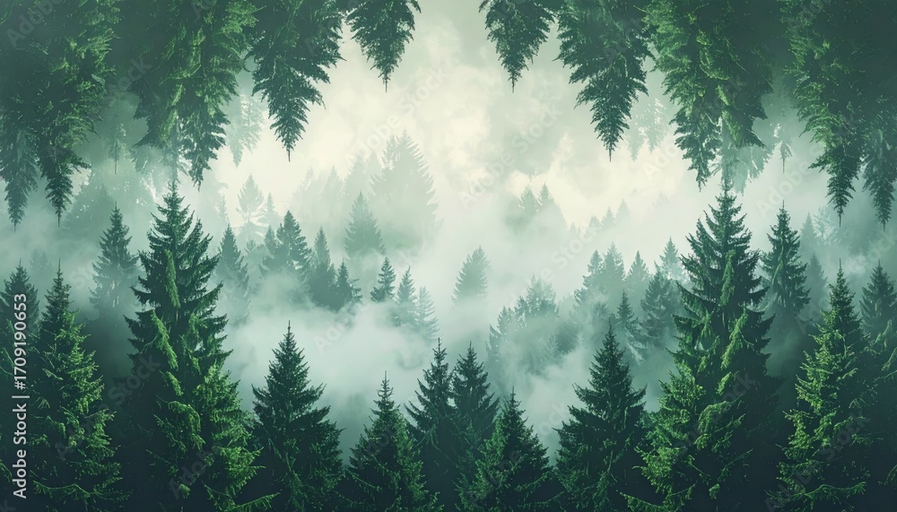 Poster misty mountain landscape with pine trees and a view of the forest in the fog