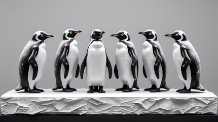 Obraz premium Minimalistic row of penguin sculptures on a grey background.
