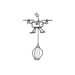 A whimsical line drawing of a drone carrying a lantern suspended below it on a white background art