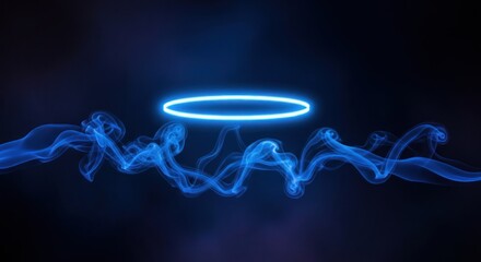 A vibrant, glowing halo hovers above flowing blue smoke patterns against a dark background.