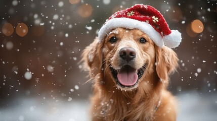 Happy Golden Retriever in Santa Hat Amidst Falling Snow