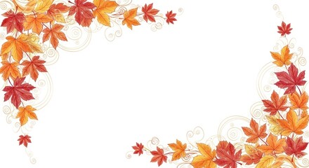 Obraz premium Ornate autumnal maple leaves frame a bright white background with decorative swirls.