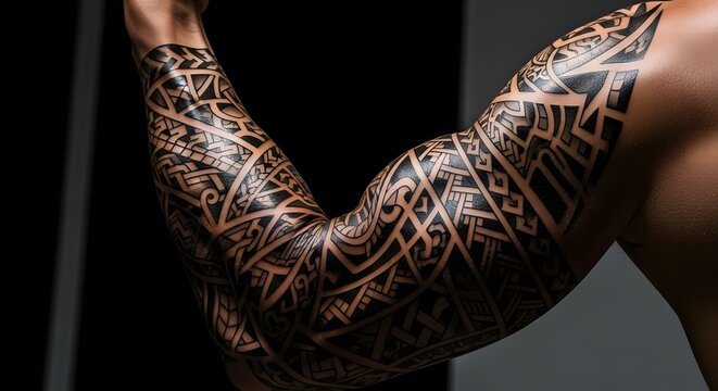 Close-up of a muscular arm adorned with a full sleeve tribal tattoo, showcasing intricate black patterns against a dark background. - Powered by Adobe