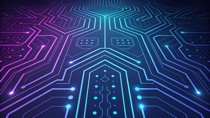 Abstract digital circuit board with neon blue and purple lights