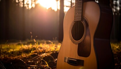 Acoustic guitar in a forest at sunset