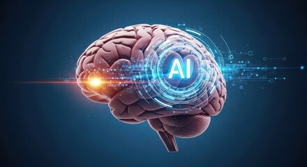 A three-dimensional representation of a human brain, highlighted with digital overlays of artificial intelligence concepts, showcasing a technological integration with the human mind.