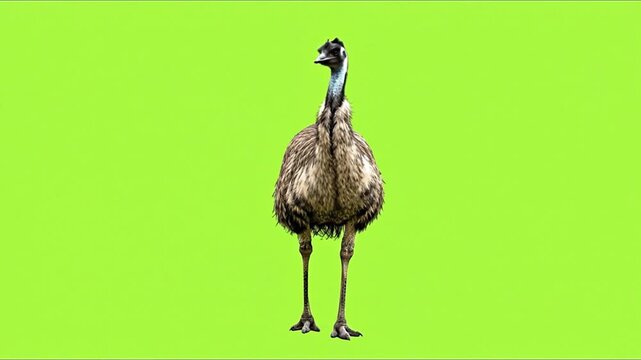 Curious emu bird stands tall on bright greenscreen background