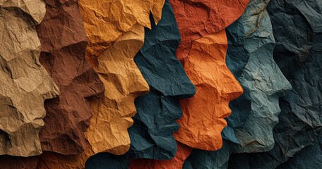 Profile views of diverse people, depicted as textured, colored paper