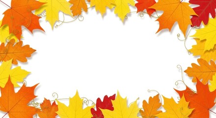 A vibrant autumnal frame composed of colorful leaves, with warm hues and delicate details, creates a cheerful and inviting aesthetic against a plain white backdrop.