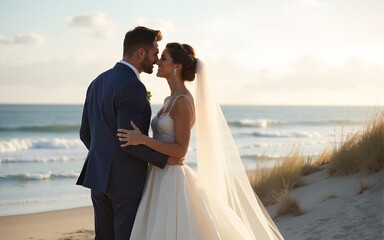 Beautiful Bride and Groom During an Outdoors Wedding Ceremony on a Beach Near the Ocean. Perfect Venue for Romantic Couple to Get Married, Kiss and for Friends with Multiethnic Cultures to Celebrate.