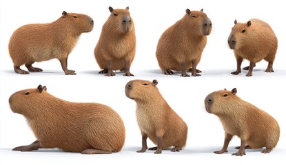 Six Capybara Poses Against White Background