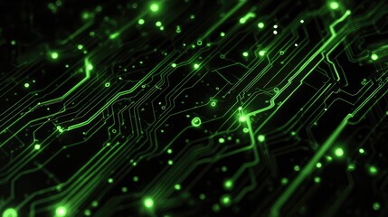 Obraz premium Glowing neon green digital data streams and complex circuits in futuristic cyberspace, representing sophisticated technology and artificial intelligence.