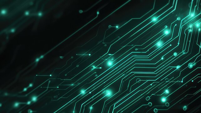 Glowing neon green digital data streams and complex circuits in futuristic cyberspace, representing sophisticated technology and artificial intelligence.