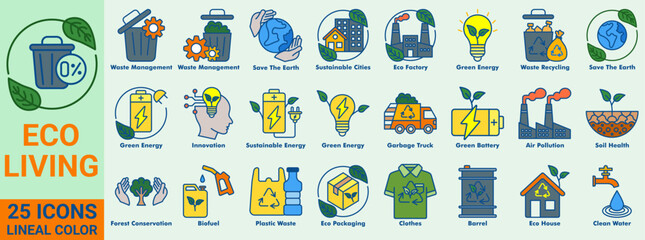 Eco Living icon set in lineal color style. Featuring green energy, recycling, zero waste, sustainable cities, eco factory, clean water, soil health, forest conservation, and environmental protection.