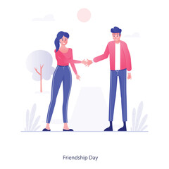 Vector elements of the office environment A man and a woman shaking hands outdoors, with a tree and some plants in the background