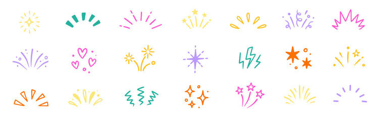 Star background confetti set. Hand drawn doodle star shapes and birthday confetti with cute sparkle, holiday twinkle brush elements, and glowing cartoon kid pattern. Vector illustration