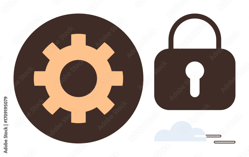 Aufkleber gear and lock icons next to a cloud suggest technology, security, optimization, and data management.