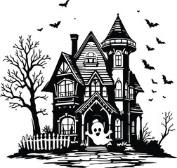 Haunted House Silhouette with Bats and Bare Trees
