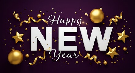 Fototapeta premium Elegant Happy New Year Celebration with Golden Decorations on Purple Background