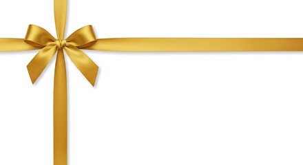 Elegant gold satin ribbon with bow on white background for gift wrapping