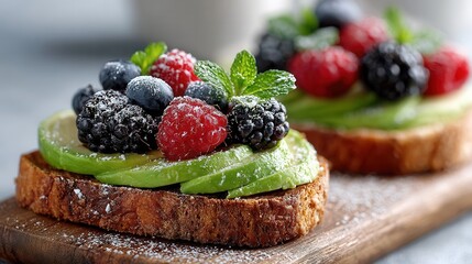 Toast with avocado and berries on plate