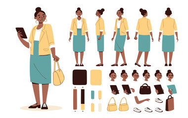 Obraz premium Casual business woman holding smartphone. Character constructor for animation. Front, side and back view set. Body parts, postures, poses collection. Vector illustration. 