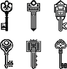 A monochrome vector illustration of a set of vintage-style keys with ornate keychains, featuring intricate patterns and decorative elements
