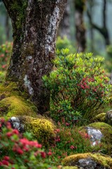 Naklejka premium Moss-covered forest floor with vibrant flowers
