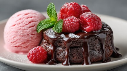 Pink ice cream, chocolate dessert, raspberries