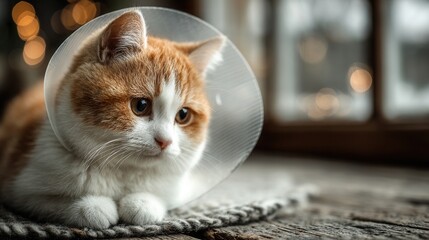 Cat with protective cone resting on bed