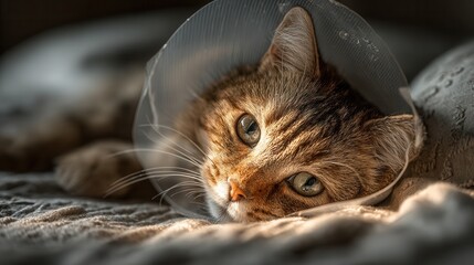 Cat with protective cone resting on bed