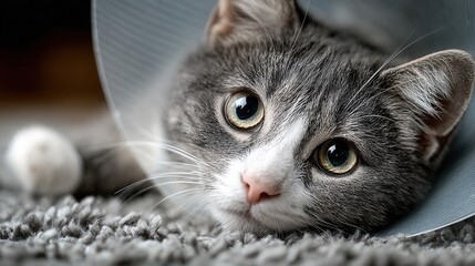 Cat with protective cone resting on bed