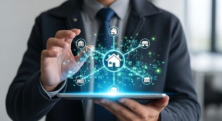 Real Estate Network and Digital Connection Concept with Person and Tablet, High-tech House Searching Application