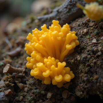Arcyria obvelata, also called Arcyria nutans, commonly known as yellow carnival candy slime mold, early development phase