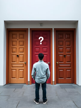 A person standing in front of three doors thinking about which one to choose
