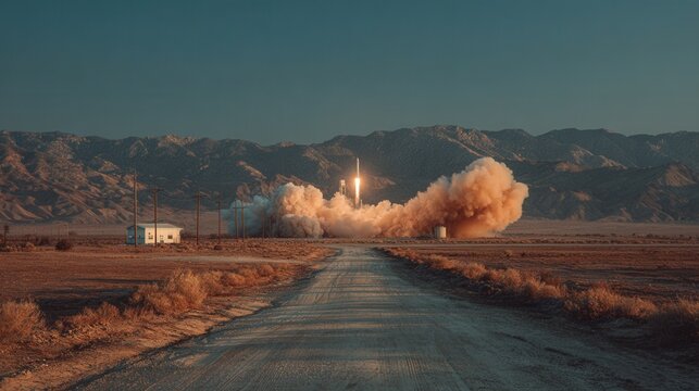 Space rocket launching in arid desert with smoke and flames
