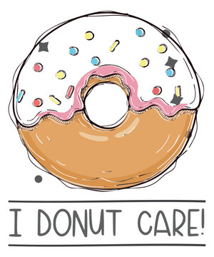 Naklejki I Donut Care! Funny Donut Pun Illustration, donut, doughnut, I donut care, pun, food pun, funny, humor, sprinkles, icing, drawing, illustration, sketch, hand-drawn, cartoon, sweet, dessert, pastry,
