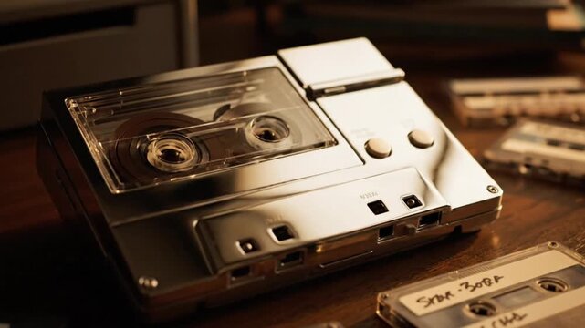 vintage cassette player with tapes on wooden desk