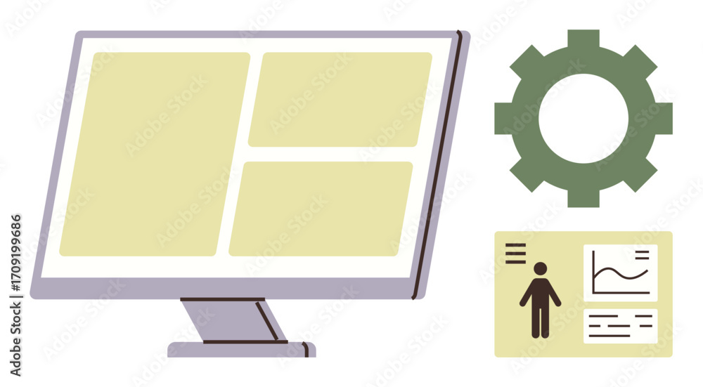 Aufkleber computer screen displaying structured dashboard, infographic with person icon, chart, and gear. idea