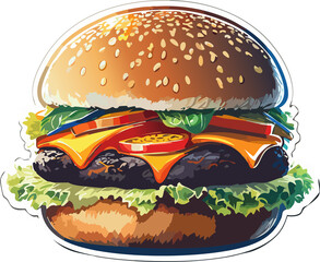 Classic cartoon style sticker of a large juicy burger with a toasted golden brown sesame seed bun