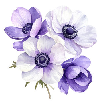 Elegant Anemone Bloom Isolated On White Background: A beautiful floral arrangement showcasing anemone blooms in a mix of delicate lavender and pristine white hues. 