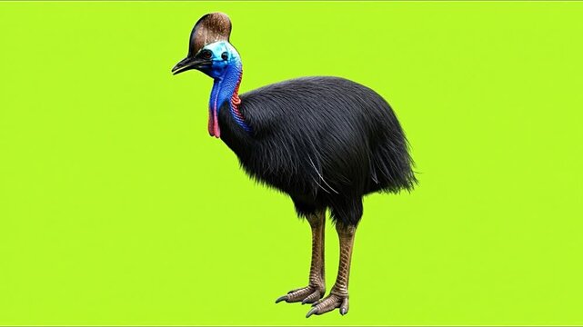 Exotic cassowary bird with vibrant blue neck and casque on greenscreen
