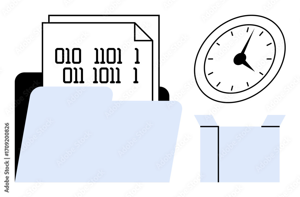 Aufkleber folder containing binary code, clock symbolizing time, and archive box for data sorting. ideal for t