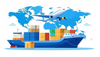 Obraz premium Global transportation of goods by massive cargo ships and jets is a vector for commerce, connecting distant ports by air, land, and sea