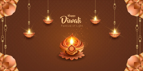 happy diwali greetings card design with lanterns and decorative background