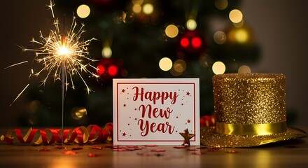 Festive Happy New Year Celebration with Sparkler Confetti and Golden Hat