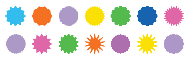 Star round sticker tag icon shape set. Circle starburst label shape for promo, sale, price offer badge sticker. Round tag shape vector icon. Sale, promo label graphic design. Vector illustration.

