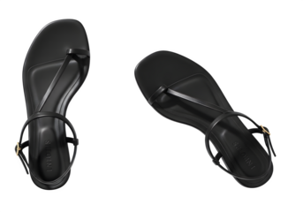Sleek black leather sandals isolated on transparent background, perfect for summer, offering minimalist style and comfort for any casual occasion