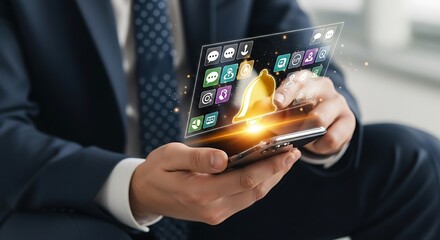 Businessman Using Mobile Phone with Notification Hologram, Showing Tech Engagement and Connectivity