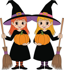 Two cute cartoon witches holding pumpkins and brooms ready for halloween fun